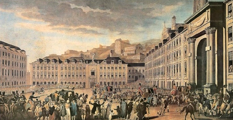 Gravura da entrada solene da Junta Provisória no Rossio, em Lisboa (1 de Outubro de 1820)